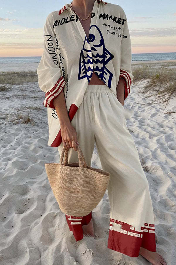 Rounelle™ | Linen Set With Blue Fish Print