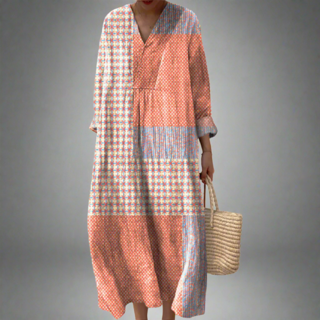 Dora™ | Coral Starburst Patchwork Midi Dress