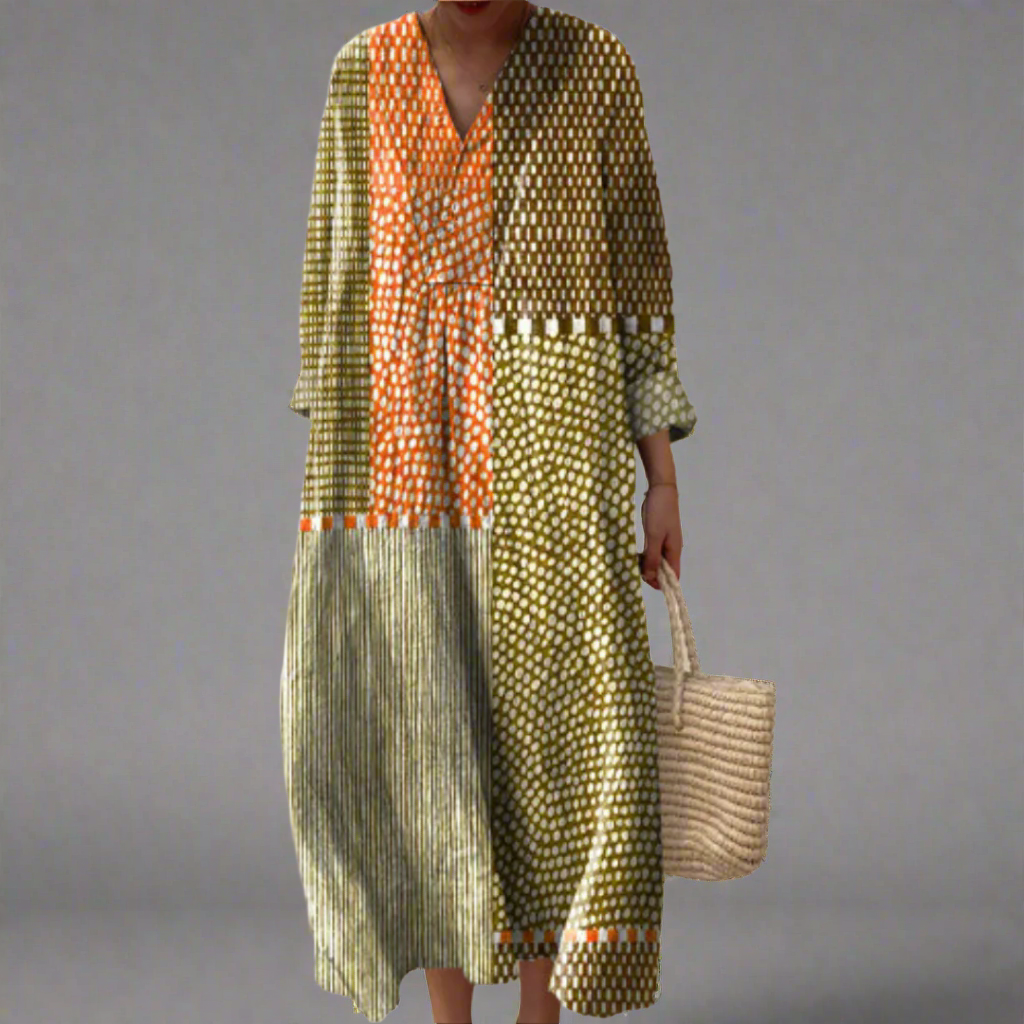Nathalia™ | Earthy Patchwork Dotted Midi Dress
