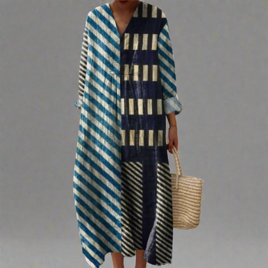 Kati™ | Modern Patchwork Striped Midi Dress