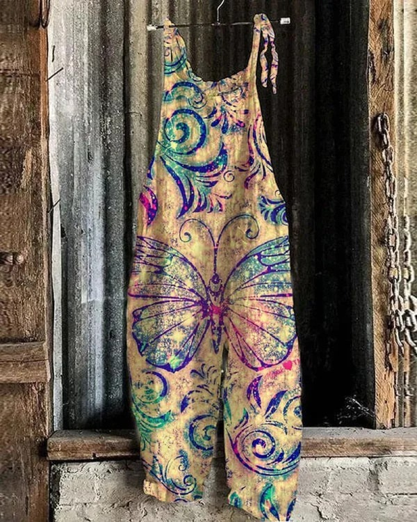Vintage Overalls for Women – Elegant Butterfly Print - Comfort and Sophisticated Style for Every Occasion