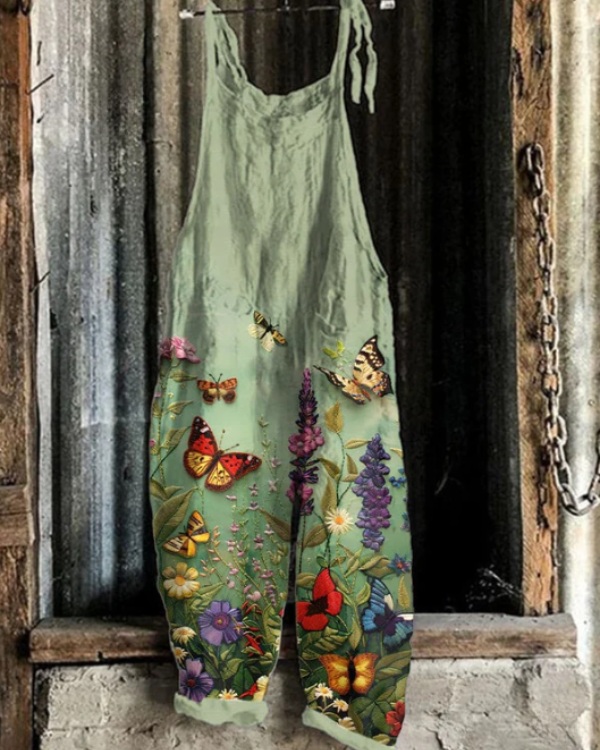 Vintage Overalls for Women – Floral and Butterfly Pattern
