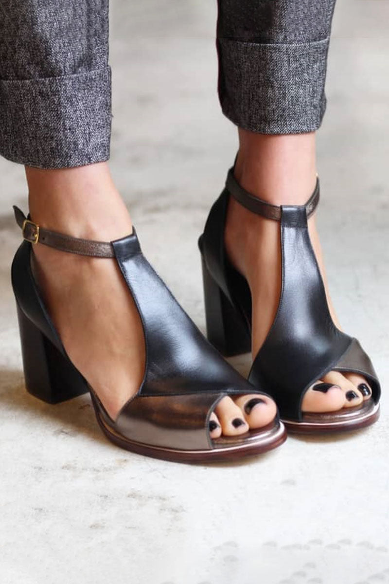 Diana™ | Black Patchwork Open-Toe Heeled Sandals