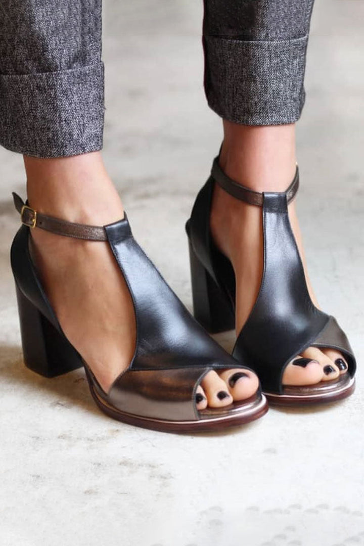 Diana™ | Black Patchwork Open-Toe Heeled Sandals