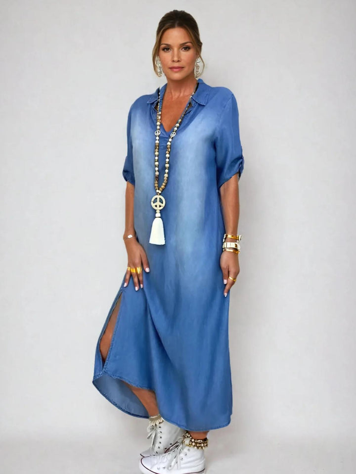 MILA – Maxi Dress in Denim Look with Side Slit | Glans New York