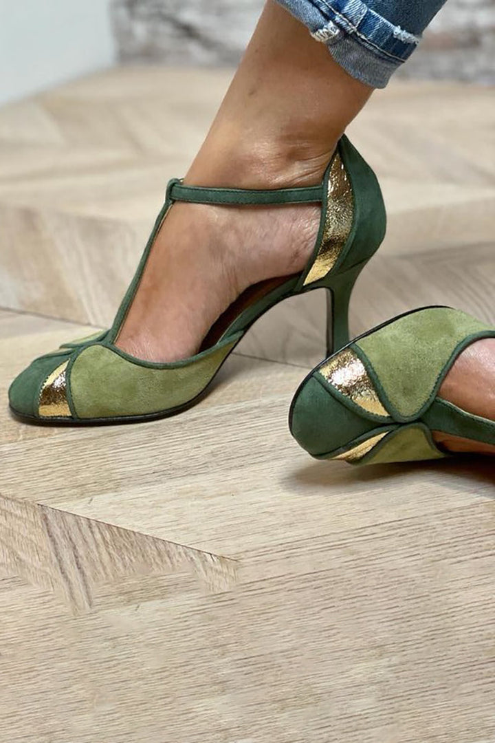 Arianna™ | Patchwork T-Strap Heels with Closed Toe