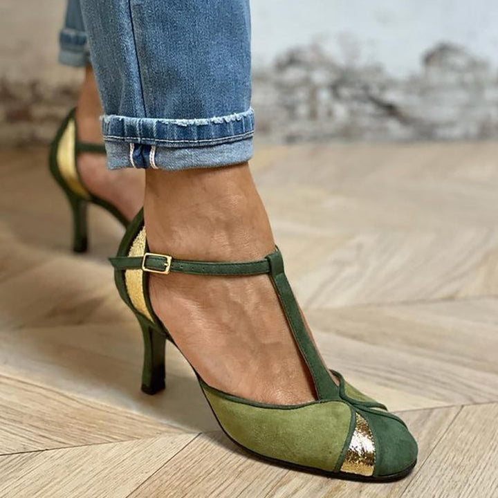 Arianna™ | Patchwork T-Strap Heels with Closed Toe
