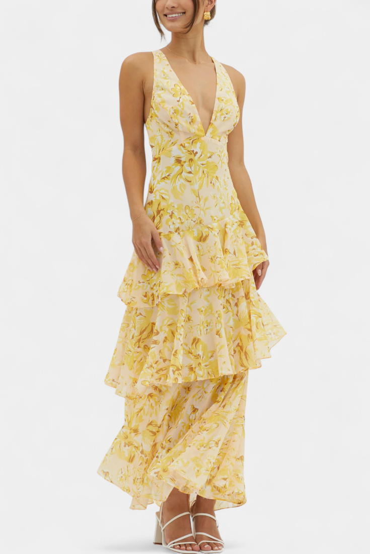 LEIGHTON™ | FLOWY LAYERED CHIFFON V-NECK MIDI DRESS